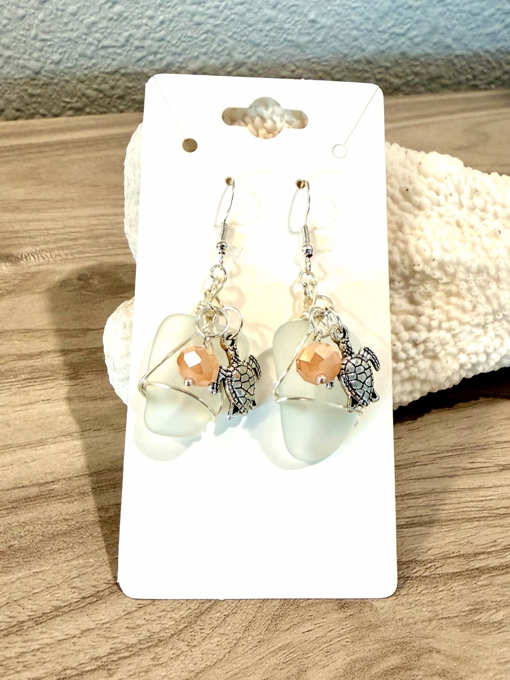 41. Frosted sea glass and Sea Turtle Dangle Earrings - Peach & White